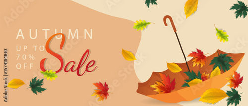 Autumn sale illustration. Orange umbrella with colorful falling leaves. 70% off discount. Perfect for promotional campaigns. Vector