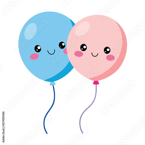 Charming kawaii style balloons with adorable smiling faces and subtle blue accents for festive celebrations