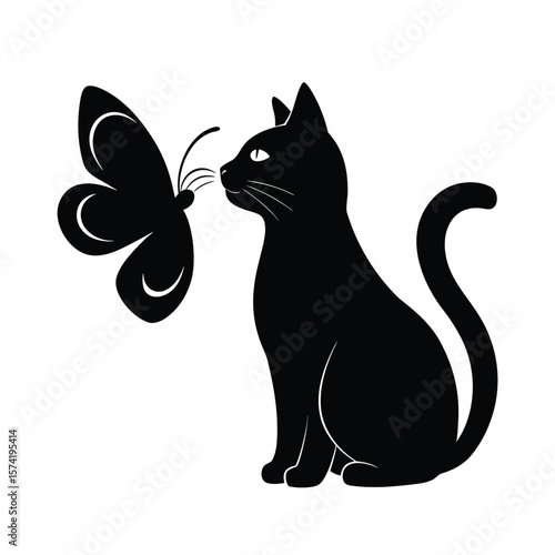 Black cat silhouette sniffing a butterfly on a white background vector