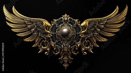 Ornate, detailed golden wings extend from a complex, dark floral central design