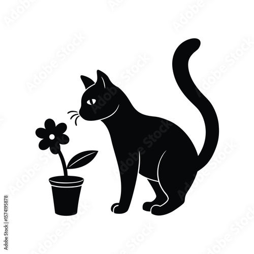 Black cat silhouette sniffing a flower in a pot on white background sniffing flower potted plant