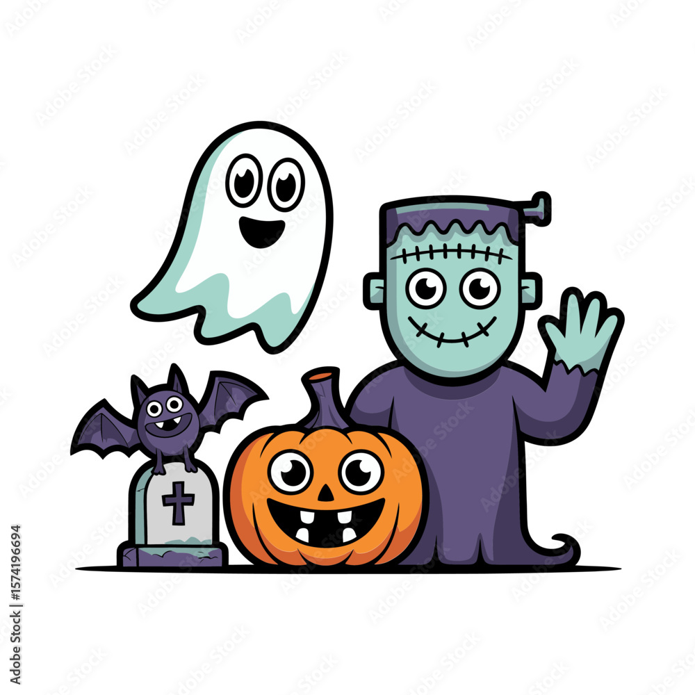 Fototapeta premium Vector art of a friendly group of halloween characters including a ghost, pumpkin, bat, and frankenstein monster