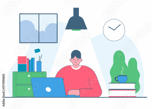 Illustration of a Person Working from Home with Laptop and Desk Setup