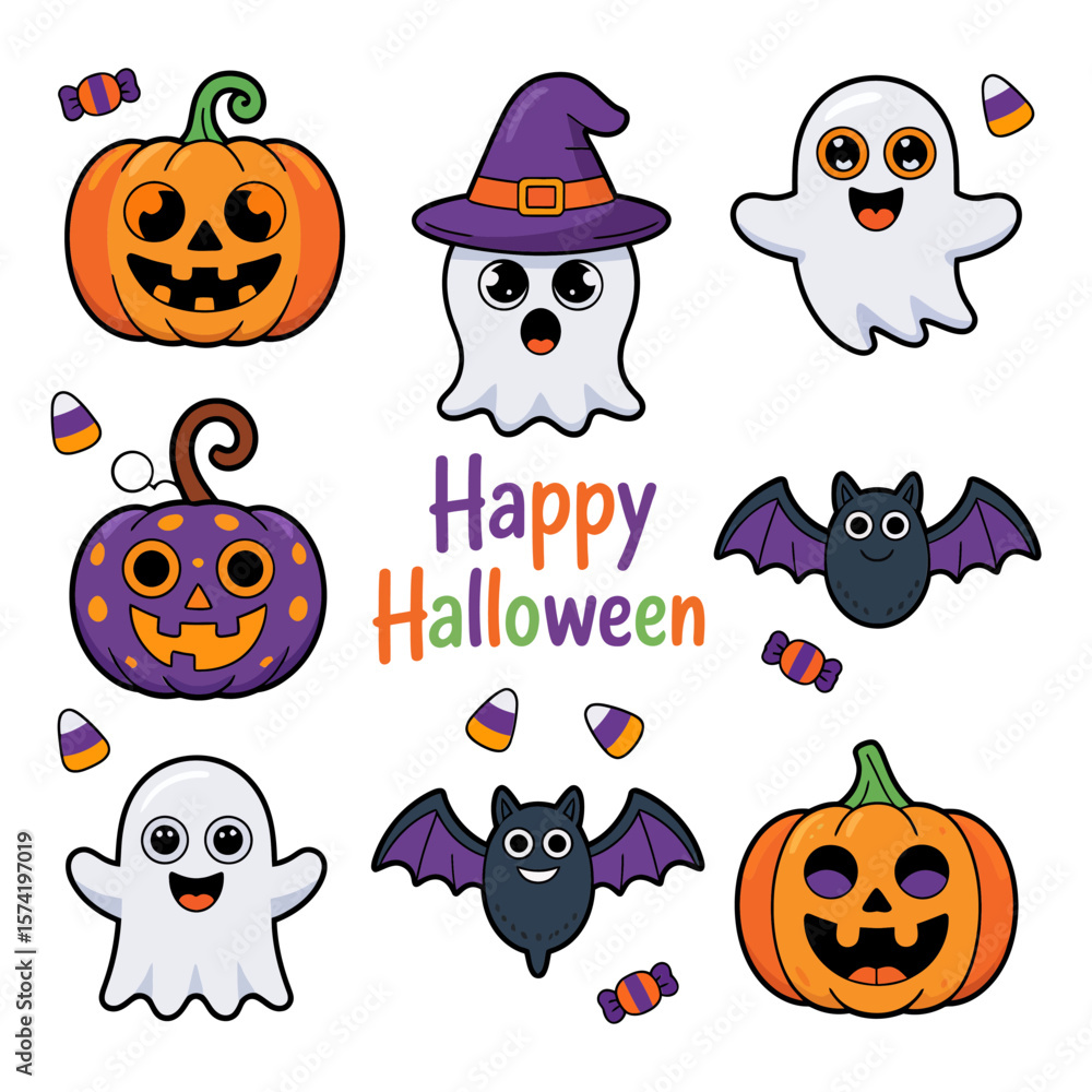 Vector art of happy halloween greeting with cute ghosts, pumpkins, bats, and candy corn illustrations Vector art of happy halloween greeting with cute ghosts, pumpkins, bats, and candy corn illustrations