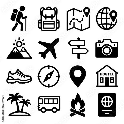 Black and white travel icon set featuring hiking, transport, and accommodation
