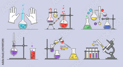 Chemical laboratory glassware with colorful liquids and gloves, scientific research illustration