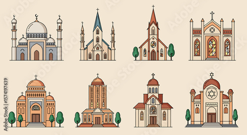 Colorful Outline Illustrations of Diverse Religious Structures