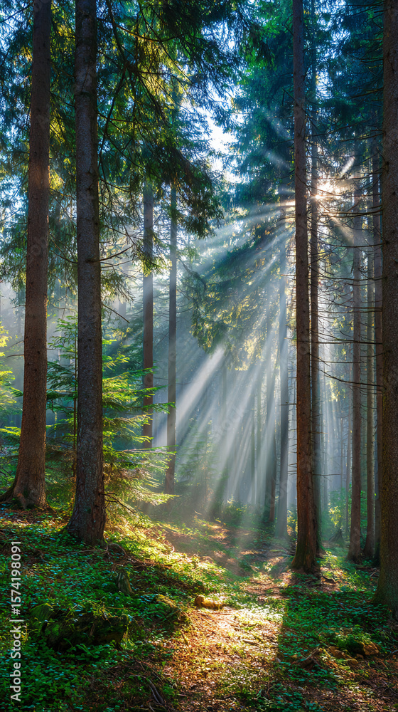 Obraz premium Sunlight Filtering Through Forest Trees