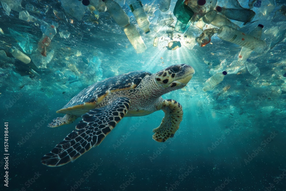 Fototapeta premium Sea turtle in polluted ocean