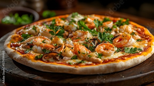 Close up view of a seafood pizza topped with shrimp squid crab sticks and melted mozzarella cheese garnished with fresh herbs on a wooden surface