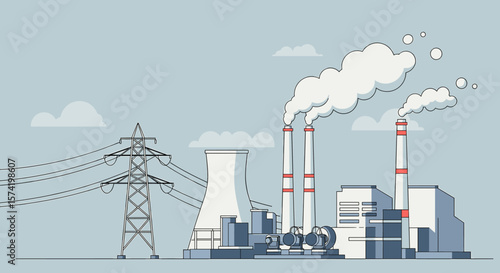 Stylized Power Plant with Cooling Tower, Smokestacks, and Transmission Tower