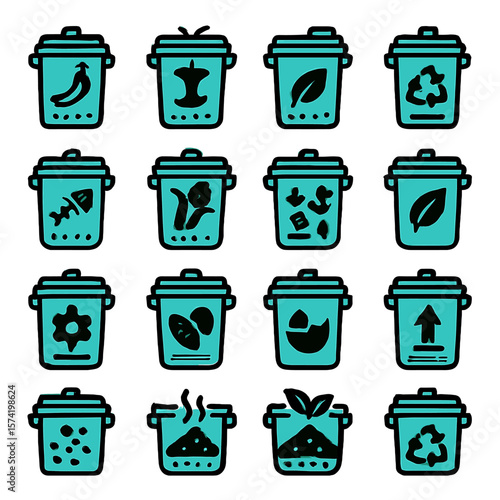 Teal Composting Bins Recycling Icons Set