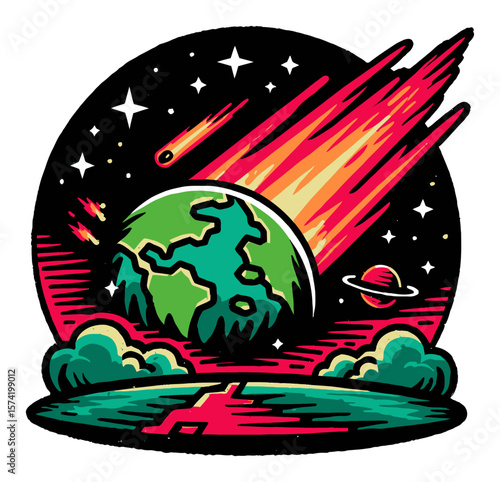 Kids Planting Flowers on Moon with Alien Watching in Colorful Cartoon Style