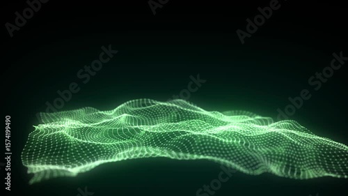 Abstract technology green wave in the center with motion dots and lines. AI in virtual reality on digital background. Wireframe texture. Dynamic analysis a network connection data. 3D rendering.