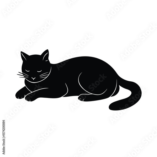 Black cat silhouette lying down with eyes closed on white background sleeping