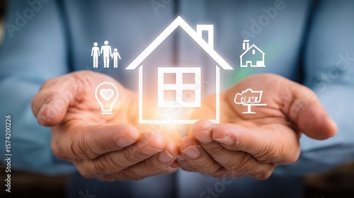 Home Ownership Concept: Illustrating the security and warmth of a home, with hands cradling a glowing house icon amidst associated symbols, representing concepts of family, security.