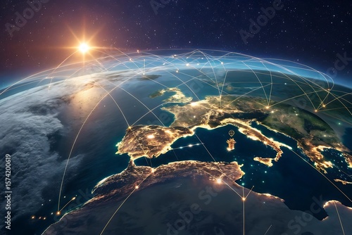 Global network connections spanning the earth at night with bright city lights