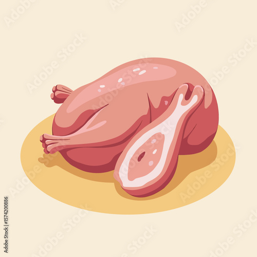 Raw Poultry Illustration Featuring a Whole Chicken or Turkey with Detached Leg, Ready for Butchery, Cooking, or Food Preparation Concepts, Ideal for Retail Meat Graphics or Culinary Content.
