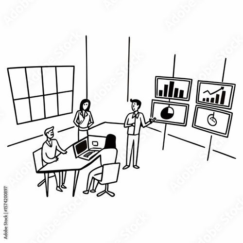 Successful business professionals presenting analytical report, working together in corporate office