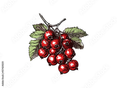 Hand-drawn redcurrant berry cluster, vintage engraving style, black sketch botanical art, healthy fruit illustration, retro home decor, rustic garden print, antique fruit drawing, natural harvest