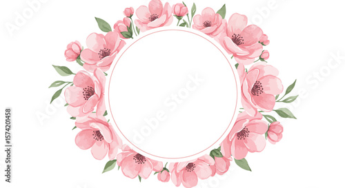 Pink floral wreath design provides a beautiful watercolor backdrop for invitations, cards or personalized message