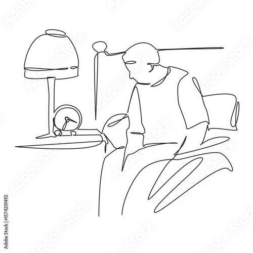 One continuous single drawing line art flat doodle illness, pain, insomnia, senior adult, adult, problems. Isolated image hand draw contour on a white background, hand drawn, not AI