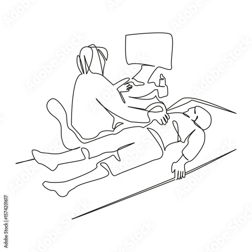 One continuous single drawing line art flat doodle child, examining, patient, ultrasound, technology, expertise, pain. Isolated image hand draw contour on a white background, hand drawn, not AI