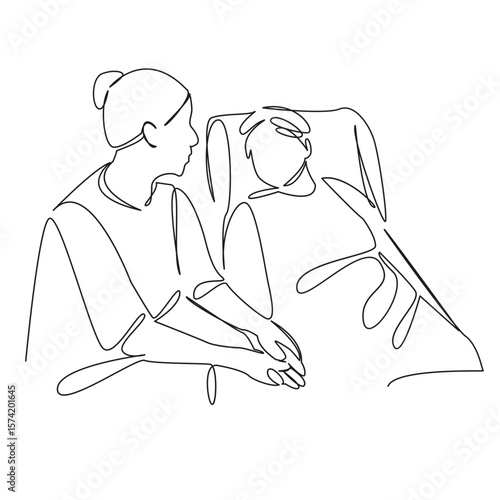 One continuous single drawing line art flat doodle mother, person, daughter, care, patient, hospital, recovery, disease. Isolated image hand draw contour on a white background, hand drawn, not AI