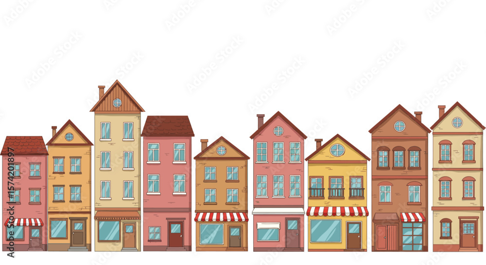 Fototapeta premium Colorful row of cartoon buildings creates a charming cityscape, perfect for illustrating urban life and neighborhood design.