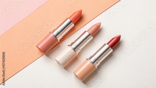 A top down view of three lipsticks with different shades on a split peach and white background