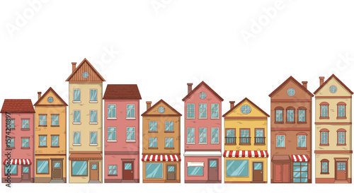 Colorful row of cartoon buildings creates a charming cityscape, perfect for illustrating urban life and neighborhood design.
