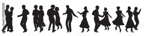 Beautiful set of dancing couples in silhouette black style illustrations isolated on white. Concept of dancing classes, jazz, classic dance. Dancing classes, retro theater performance show, party time