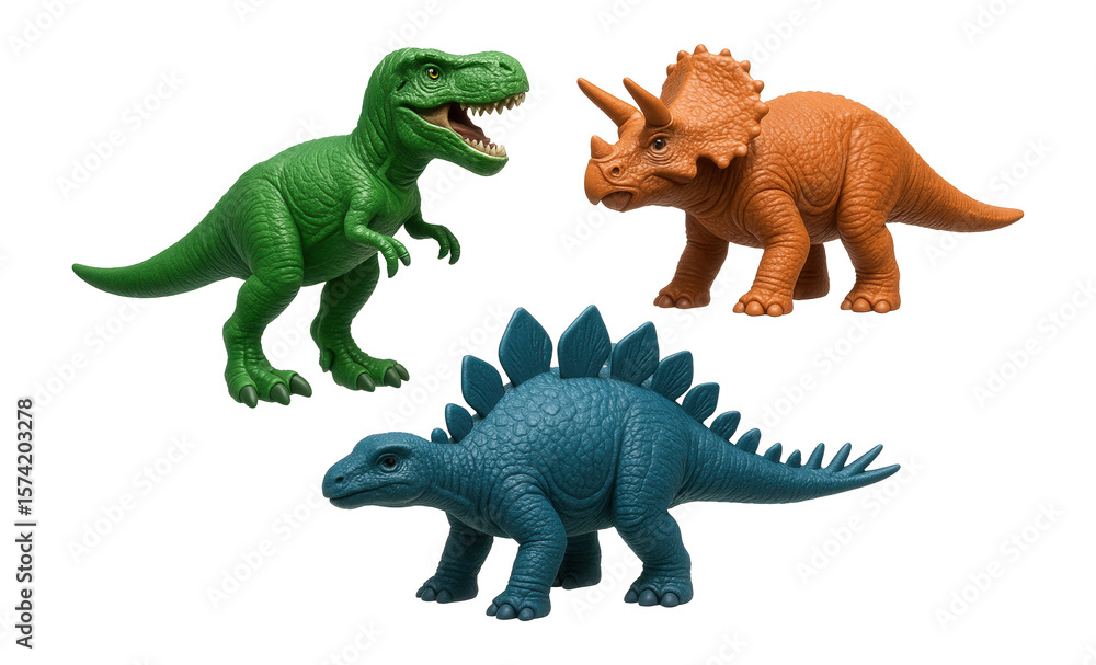 Naklejka premium A set of miniature plastic dinosaur figurines for a child's bedroom shelf.