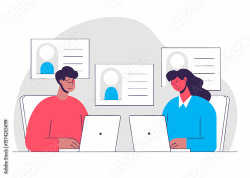 Two People Working on Laptops with Profile Cards in the Background in a Flat Design Style