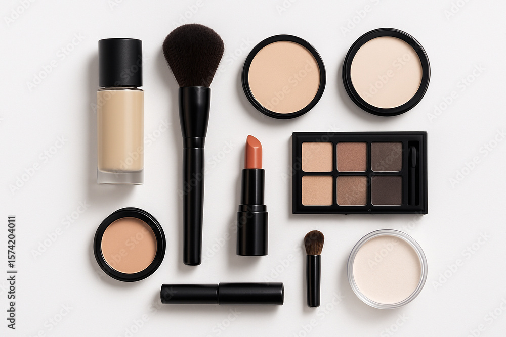 Makeup Essentials Flatlay: An overhead shot features a collection of makeup essentials neatly arranged, showcasing a variety of beauty products perfect for makeup, creating a modern, clean. Makeup Essentials Flatlay: An overhead shot features a collection of makeup essentials neatly arranged, showcasing a variety of beauty products perfect for makeup, creating a modern, clean.