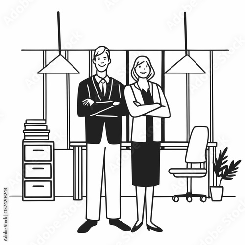Two happy executive managers, mature business man and woman leaders, successful partners professional team in their 50s standing arms crossed in office at work looking at camera. Corporate portrait.