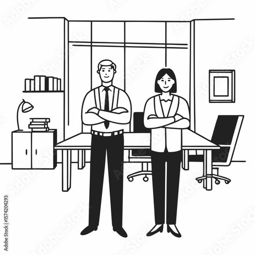 Two happy executive managers, mature business man and woman leaders, successful partners professional team in their 50s standing arms crossed in office at work looking at camera. Corporate portrait.