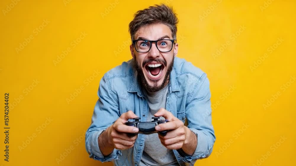 Joy of gaming: A person is fully immersed in the game with a gamepad in their hands. Joy of gaming: A person is fully immersed in the game with a gamepad in their hands.