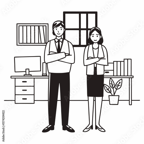 Two happy executive managers, mature business man and woman leaders, successful partners professional team in their 50s standing arms crossed in office at work looking at camera. Corporate portrait.