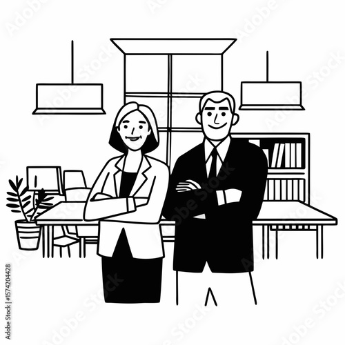Two happy executive managers, mature business man and woman leaders, successful partners professional team in their 50s standing arms crossed in office at work looking at camera. Corporate portrait.