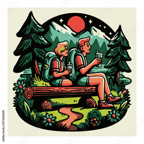 Two Cartoon Friends Enjoying Nature with Map and Drink in Forest Setting