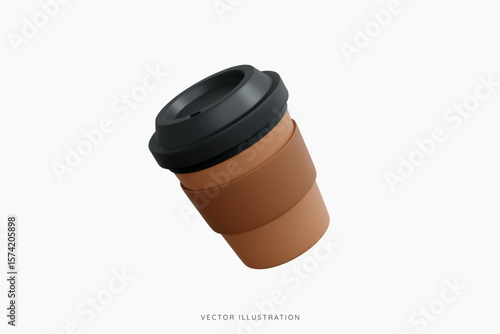 3D Cartoon Coffee Paper Cup with Lid. Disposable coffee to go. Plastic cup with hot drinks. Take away espresso or latte. Cartoon design icon isolated on white background. 3D Vector illustration