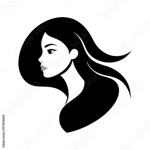 Female profile silhouette with long flowing hair in black and white vector style