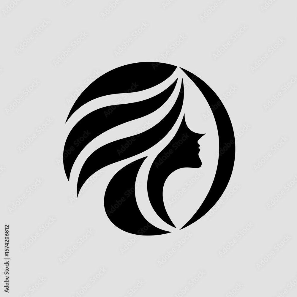 Naklejka premium Minimalist beauty salon logo with female face profile and flowing hair inside a circle, elegant black vector design for spa, cosmetics, or hair styling brand identity.