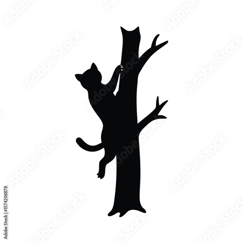 Black silhouette of a cat climbing a tree trunk on a white background vector