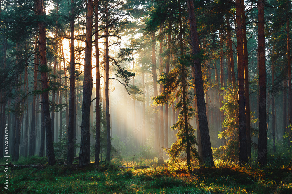 Obraz premium Sunlight Filtering Through a Serene Forest