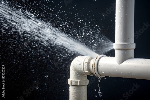High pressure water spraying from damaged white pvc pipe joint against dark background