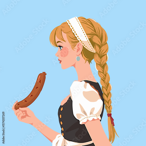 From the series "oktoberfest", girl with sausageer on isolated pale blue background
