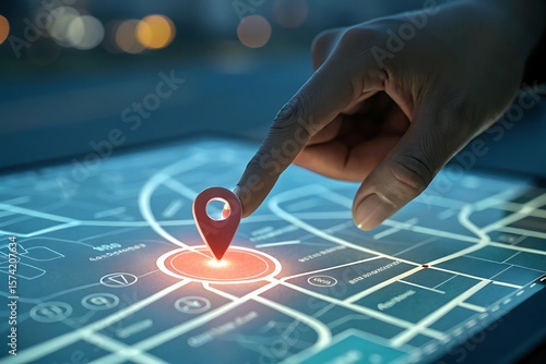 Person s finger touching red location pin on digital interactive map display