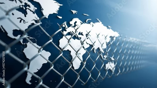 Trade export tariffs and restrictions symbolized by metal fence with world map background representing global economic barriers international commerce